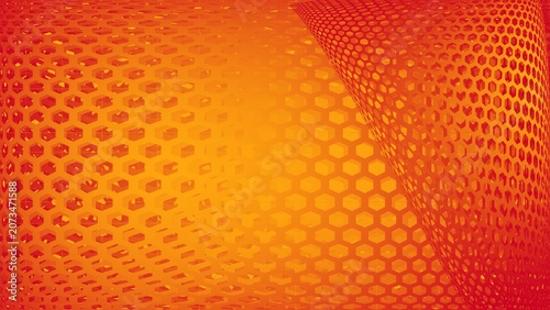 Abstract orange and red hexagonal grid background with center glow effect.