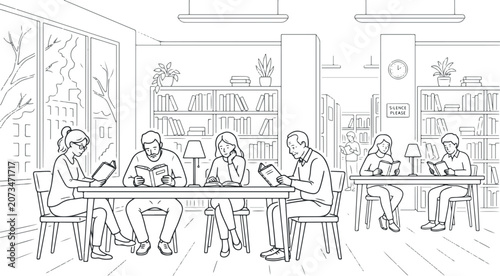 Vector illustration of people reading books in a library setting