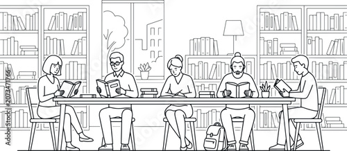 People reading books at a table in a library with bookshelves