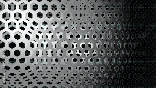 Abstract monochrome 3D hexagonal mesh background with light distortion.