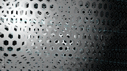 Abstract monochrome 3D hexagonal mesh background with light distortion.