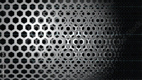 Abstract monochrome 3D hexagonal mesh background with light distortion.