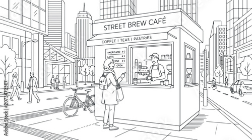Black and white illustration of a woman ordering coffee at a street cafe