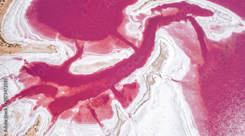 A pink salt lake has vibrant colors with white salt formations around the edges