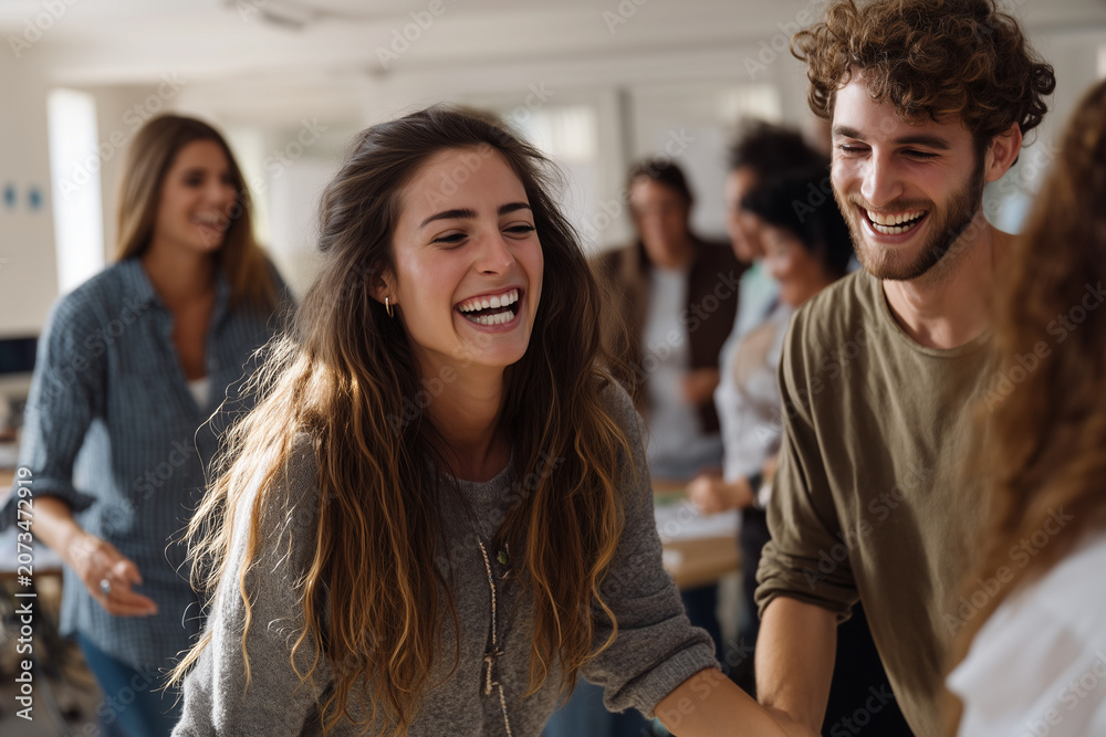 Obraz premium Office employees participating in a team-building game, laughing and engaging in a fun indoor activity in a breakroom area. 