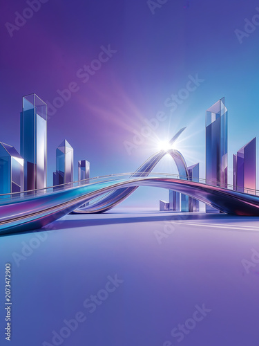 Abstract Futuristic City Background with Curved Metallic Bridge and Glass Towers