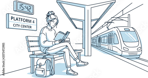 Woman sitting on a bench at a train station reading a book on platform 4