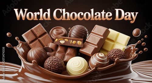 World chocolate day celebration assorted chocolates and liquid chocolate splash