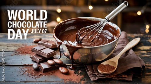World chocolate day celebration melted chocolate cocoa beans and baking tools