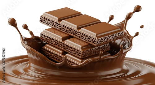 Milk chocolate bars with splashing liquid chocolate studio lighting
