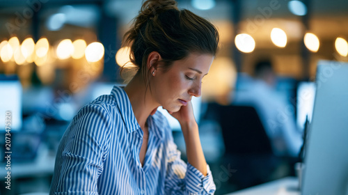 Faceless busy female manager using a computer in a modern office, overworked but determined professional dealing with demanding tasks, defocused open office in background,