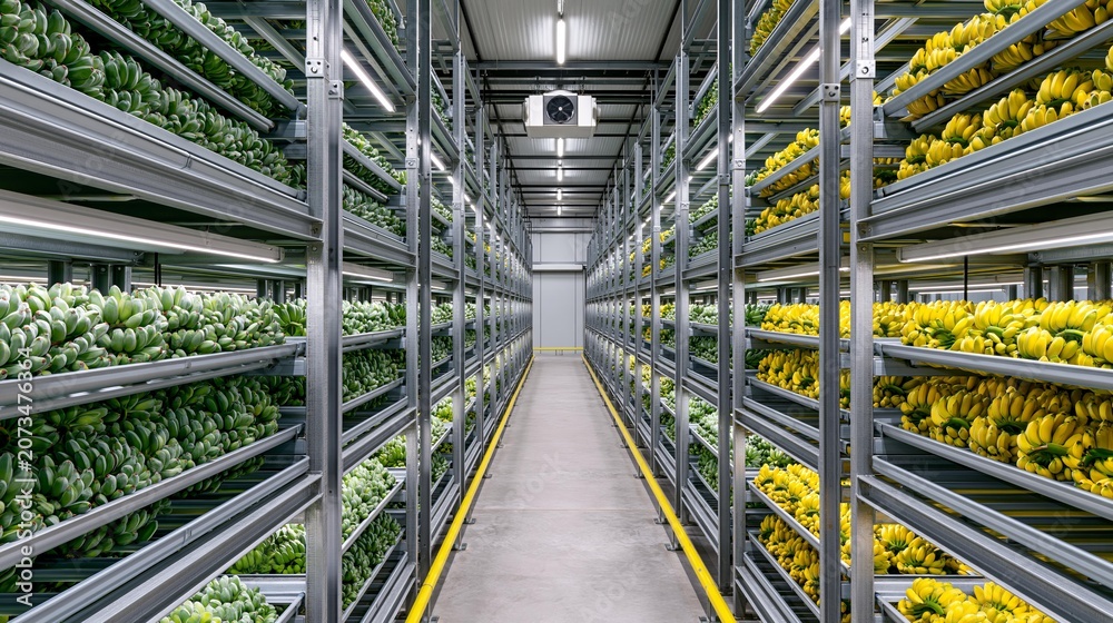 Fototapeta premium Aisle of ripening bananas in a modern cold storage warehouse