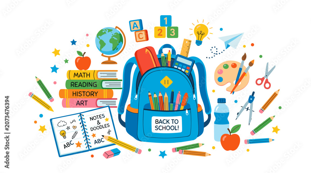 Naklejka premium Back to School Essentials: A vibrant illustration showcasing a blue backpack brimming with school supplies, surrounded by books, stationery, and educational tools.