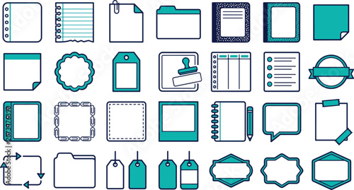Set of office stationery, memo notes, and decorative labeling icons