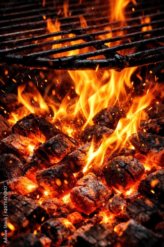 Fototapeta premium Intense fiery charcoal grill flames.