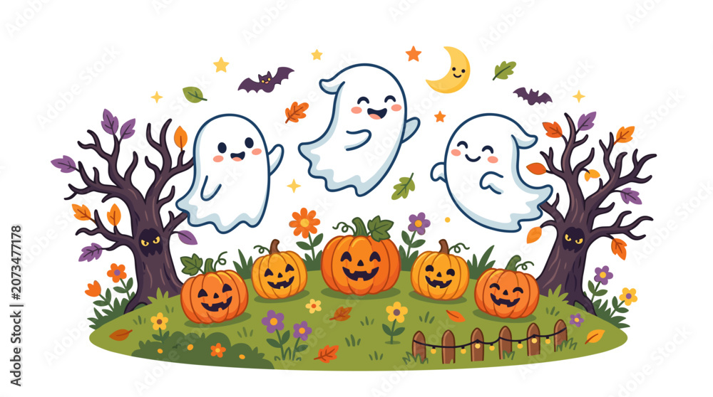 Naklejka premium Happy Halloween Gathering: Three cute, smiling ghosts float happily above a field of carved pumpkins and autumn leaves, with spooky trees and bats in the background, celebrating the festive season.
