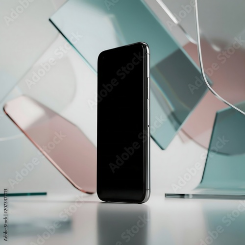 Blank Smartphone on Reflective Glass Shapes Abstract Background