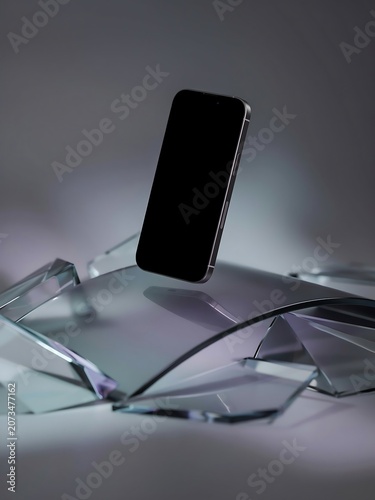 Blank Smartphone on Reflective Glass Shapes Abstract Background