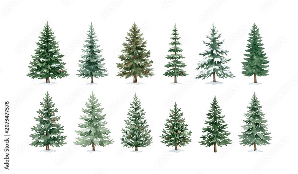 Obraz premium Watercolor Christmas Pine Trees Collection Hand Painted Winter Evergreen Illustration Set