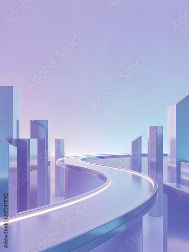 Abstract Futuristic City Background with Curved Pastel Road and Geometric Towers