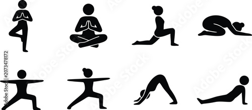 Quadro su tela Black silhouettes of people doing various yoga poses