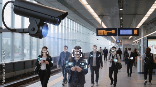 Modern surveillance camera monitoring commuters at train station. Facial recognition technology scanning passengers in public transportation hub.