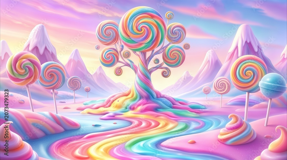 Naklejka premium Vibrant candy landscape featuring lollipop trees and rainbow frosting river. Surreal confectionery world with pastel mountains and sweet treats.