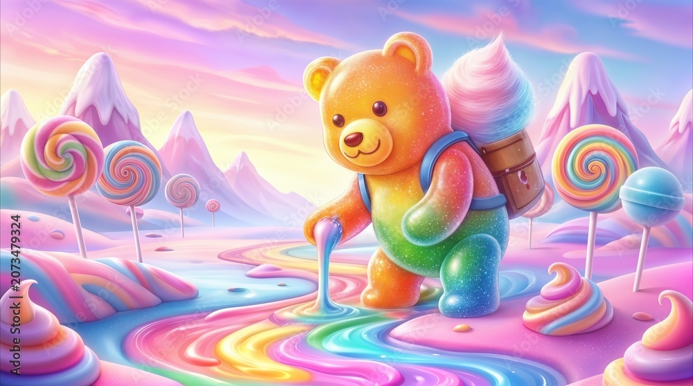 Naklejka premium Gummy bear character exploring candy landscape. Colorful fantasy world with lollipop trees and ice cream mountains.