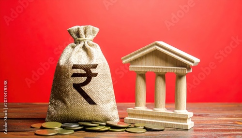 Indian Rupee Bag and Bank Building Financial Growth and Investment Concept