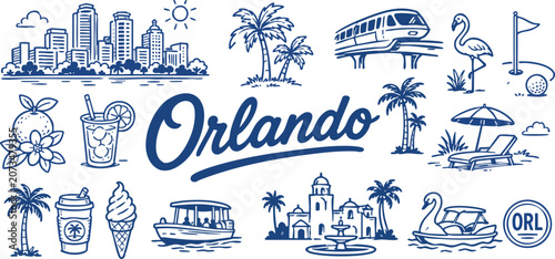 Quadro su tela Orlando Florida Travel Icon Set with Skyline, Palm Trees, Monorail, Flamingo, Go