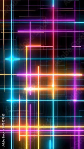 Glowing Neon Grid Lines Animating on Black Background - 4K Vertical Loop