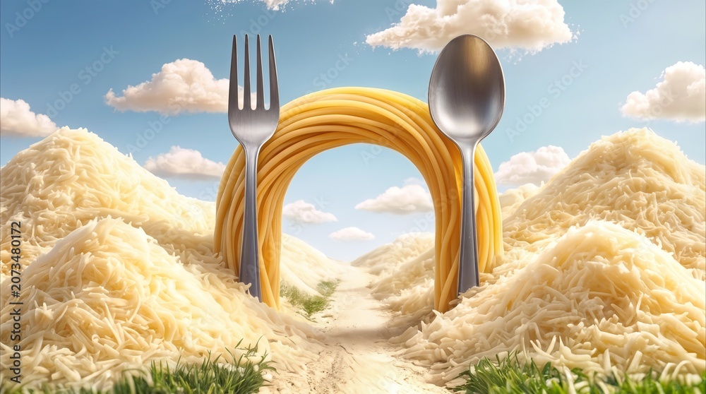 Fototapeta premium Surreal landscape made of food featuring hills of shredded cheese and a spaghetti archway. Creative culinary art concept with giant fork and spoon.