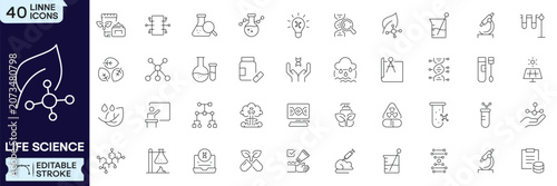 Foto Life Science line icon set featuring biology, genetics, biotechnology, laboratory, medical research and more