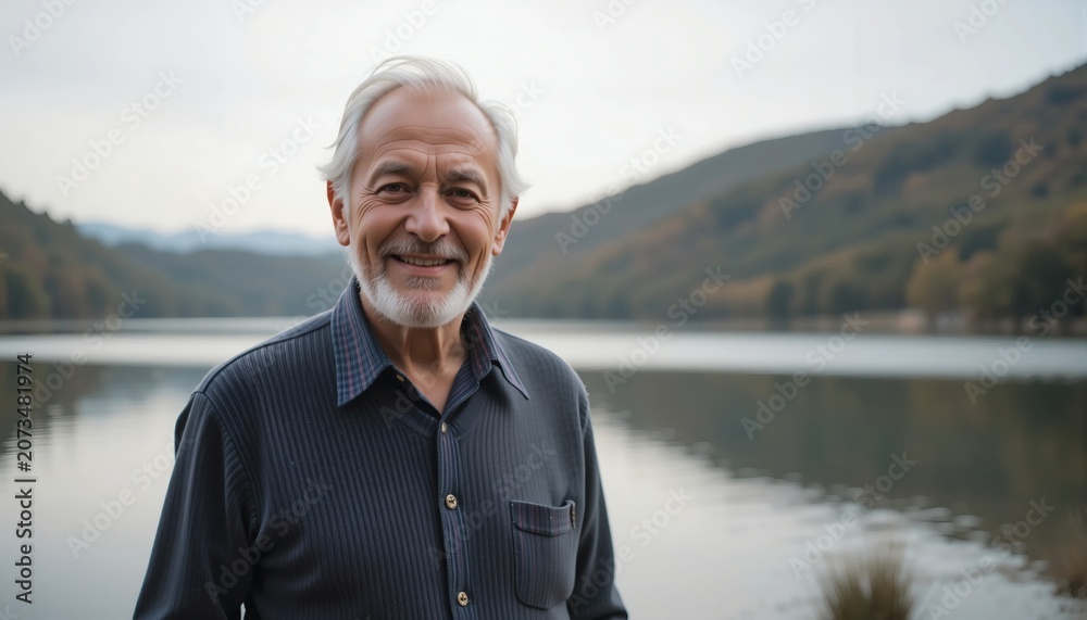 Fototapeta premium Smiling Senior Man Beside Calm Mountain Lake