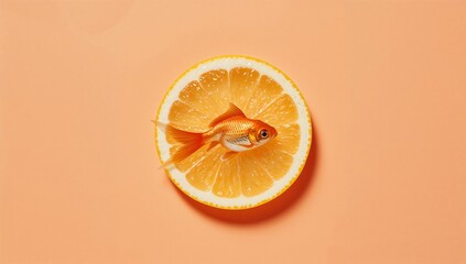 Goldfish placed on a sliced orange against a peach-colored background, showcasing vibrant colors and unique juxtaposition of aquatic life and citrus fruit