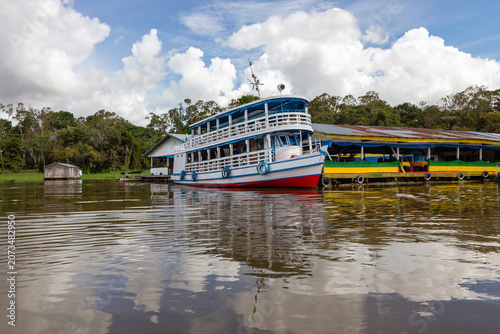 Regional tourist boat moored at Parque Ecologico Januari in Manaus Amazon rainforest