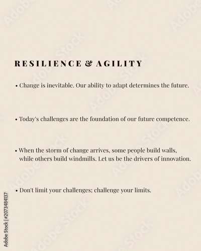 Resilience and agility minimalist inspirational quote poster corporate success teamwork mindset company values typography on beige background