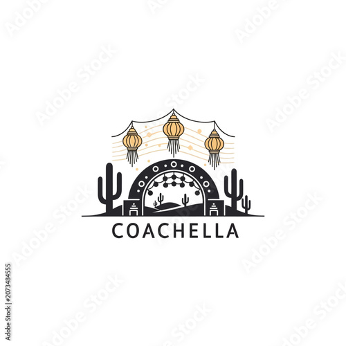 A minimalist desert landscape illustration with hanging paper lanterns