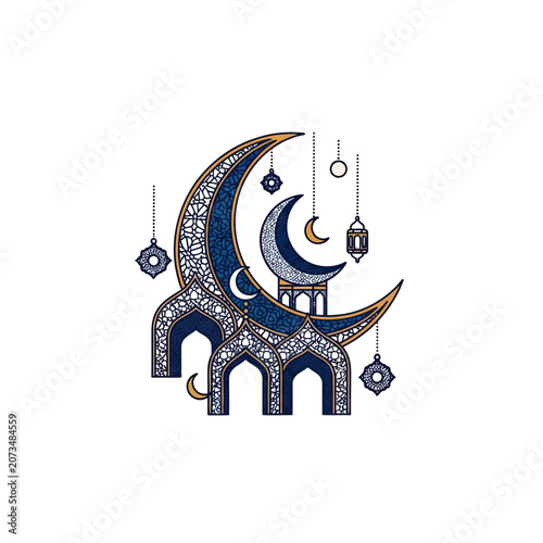 A decorative illustration featuring crescent moons and ornate archways