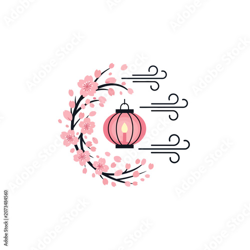 A glowing paper lantern rests beside delicate pink floral branches