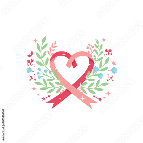 A pink ribbon shaped like a heart with floral decorations
