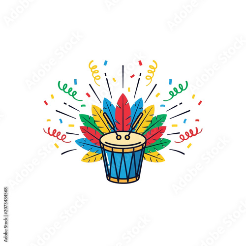 A colorful drum is surrounded by bright feathers and festive confetti