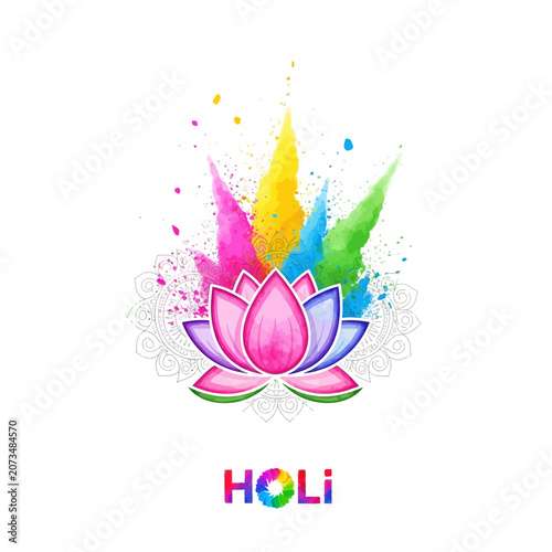 A vibrant lotus flower blooms amidst colorful powder paint splashes