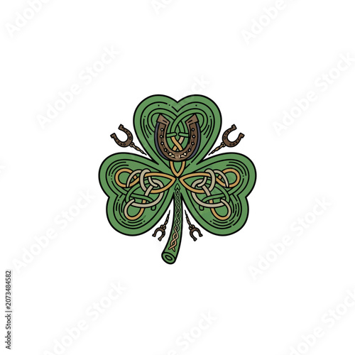 A green leaf illustration with decorative metal horseshoe elements