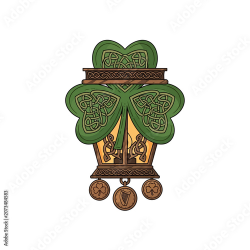 A decorative lantern features a green leaf shape and gold coins