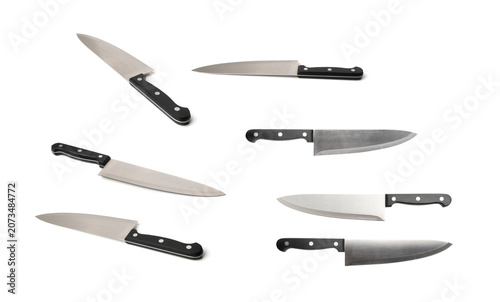 Steel Kitchen Knife Isolated, Convenient Kitchen Knives, Big Knife with a Black Handle on White