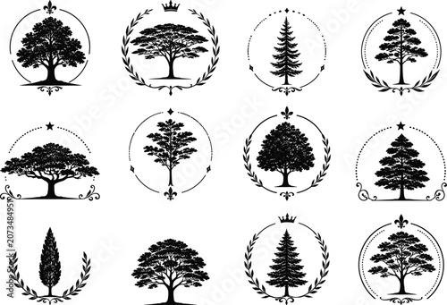 Elegant Ornamental Tree Badges and Emblems Set
