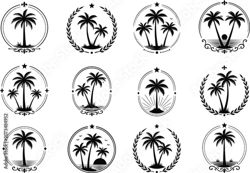 Elegant Palm Tree Tropical Badges and Emblems Set