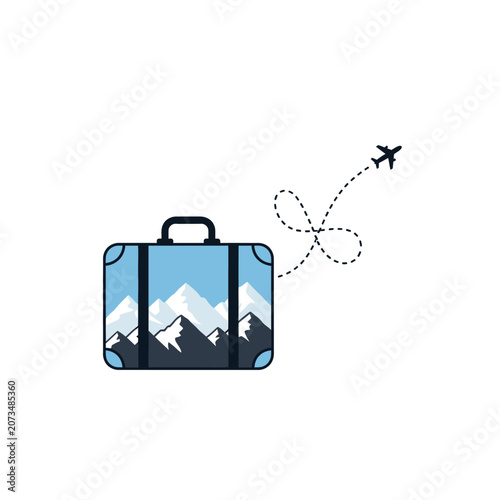 A blue suitcase with mountain scenery and a flying airplane icon
