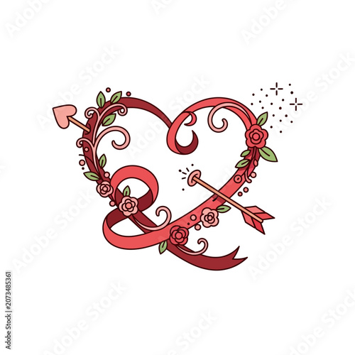 A decorative heart shape is adorned with floral ribbon elements